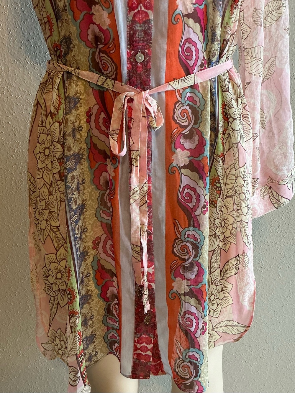 Rose + Olive Women’s Sheer Floral Swimsuit Cover-Up Belted Kimono with Side Slit - Picture 9 of 11